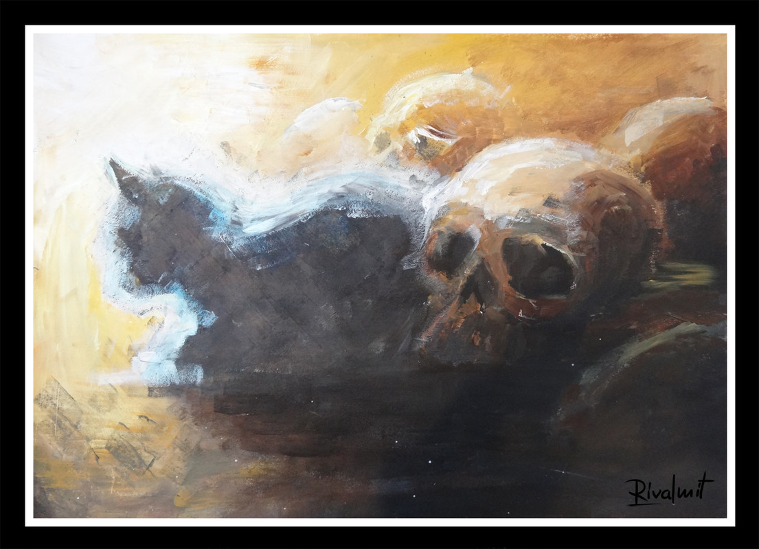 painting acrylic cat skull death leeping with skulls