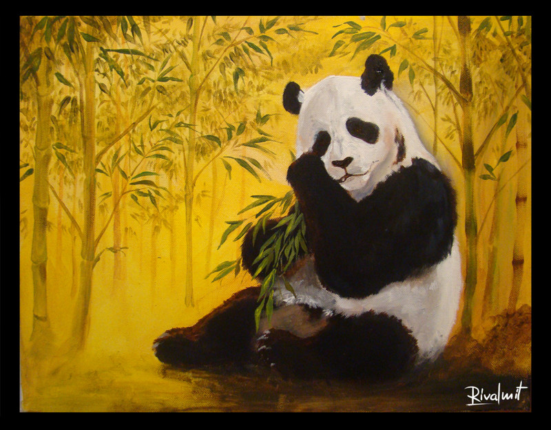bear panda bamboo eating painting canvas Paintings Panda Paintings