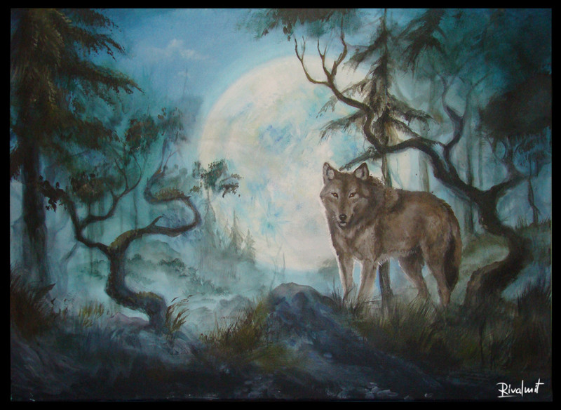 wolf canid moon forest canvas acrylic painting Paintings Wolf Paintings