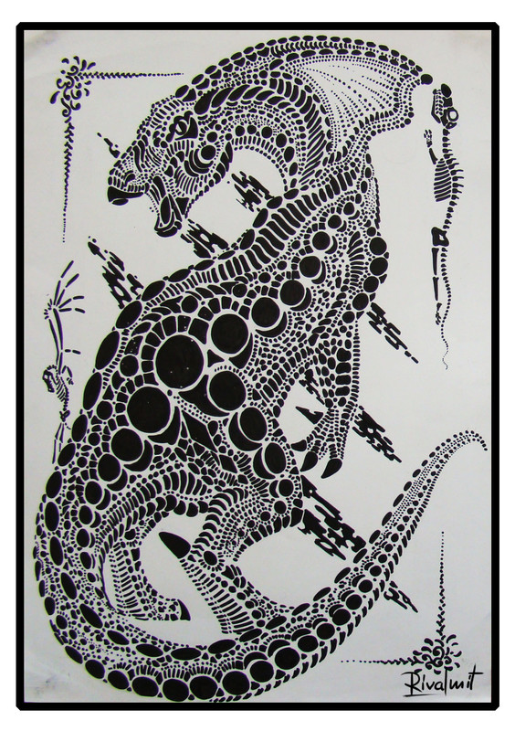 drawing cat dinosaur black&white markers Dots