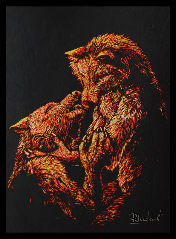 painting scratchboard wolf anthropomorphic Most intimate of moments