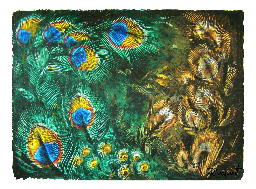 painting acrylic crayons peacock feather Blue beauty 