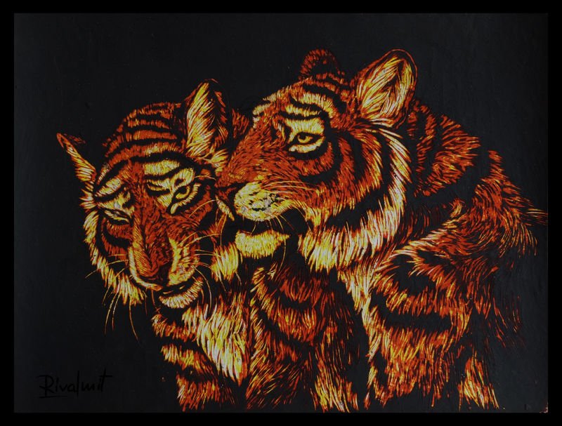 painting scratchboard tiger anthropomorphic Paintings Tiger pair Paintings