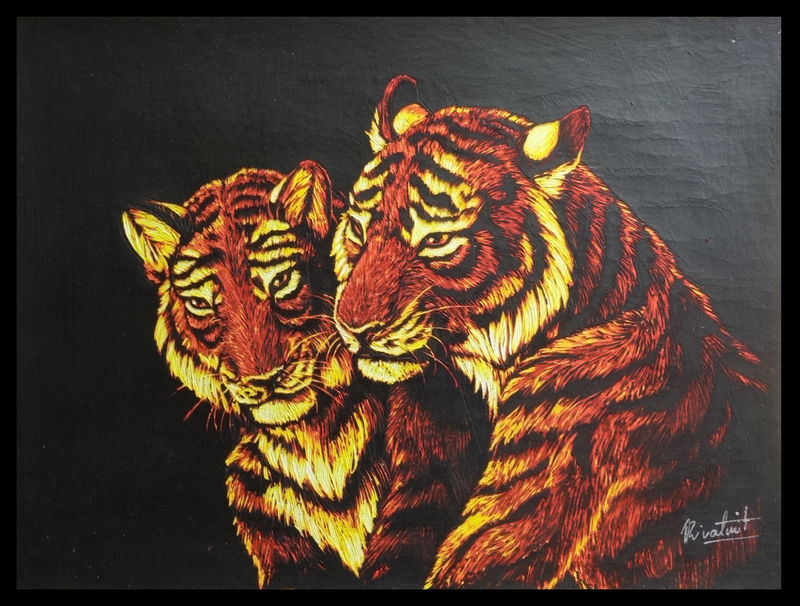 painting tiger scratchboard anthropomorphic Paintings  Tigers together Paintings