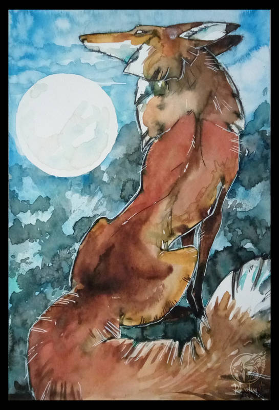 drawing fox watercolor traditional art traditionalart Drawings fox and the moon Drawings