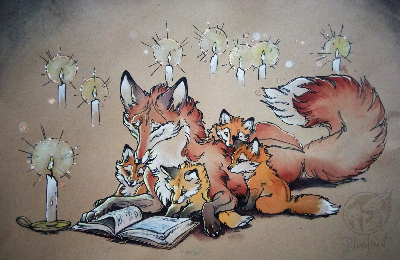 drawing watercolor fox baby family 