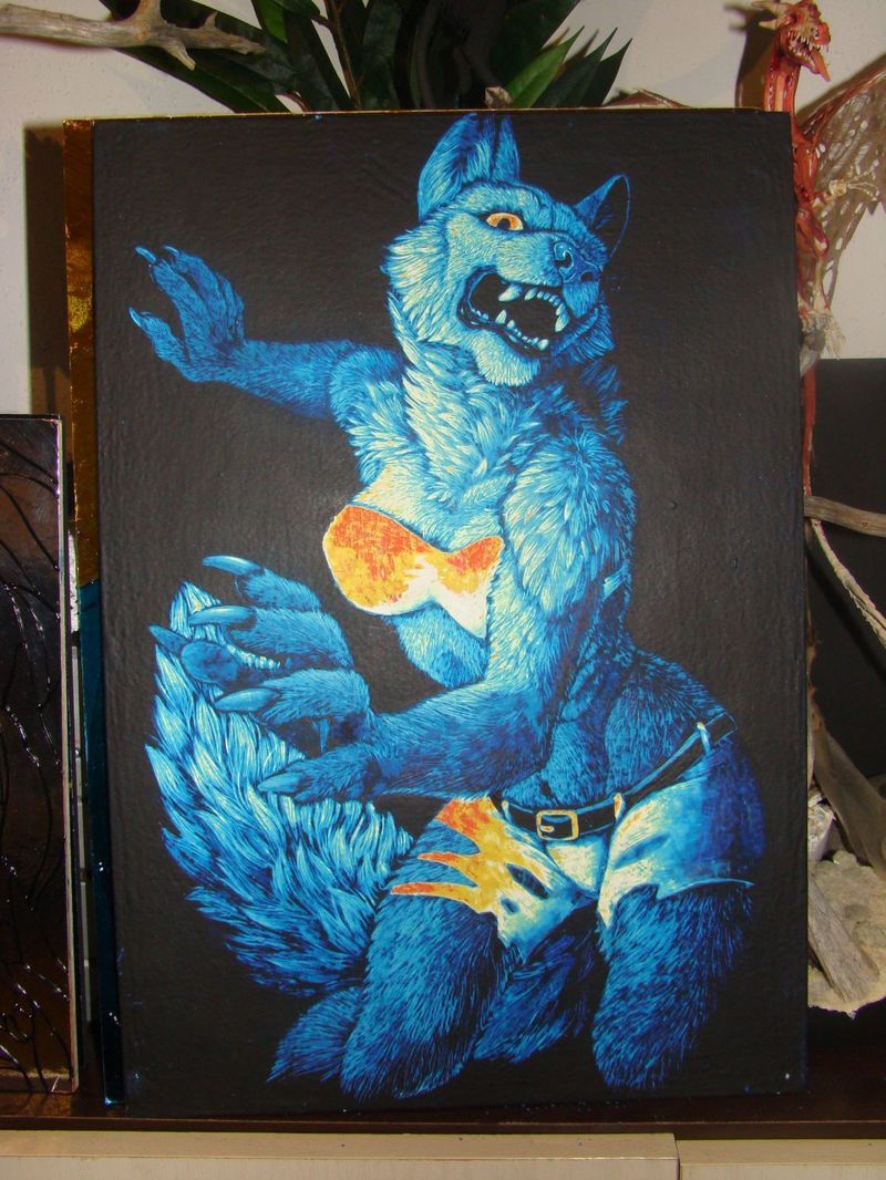  scratchboard commission artwork wolf anthropomorphic furry blue female This lady has claws!