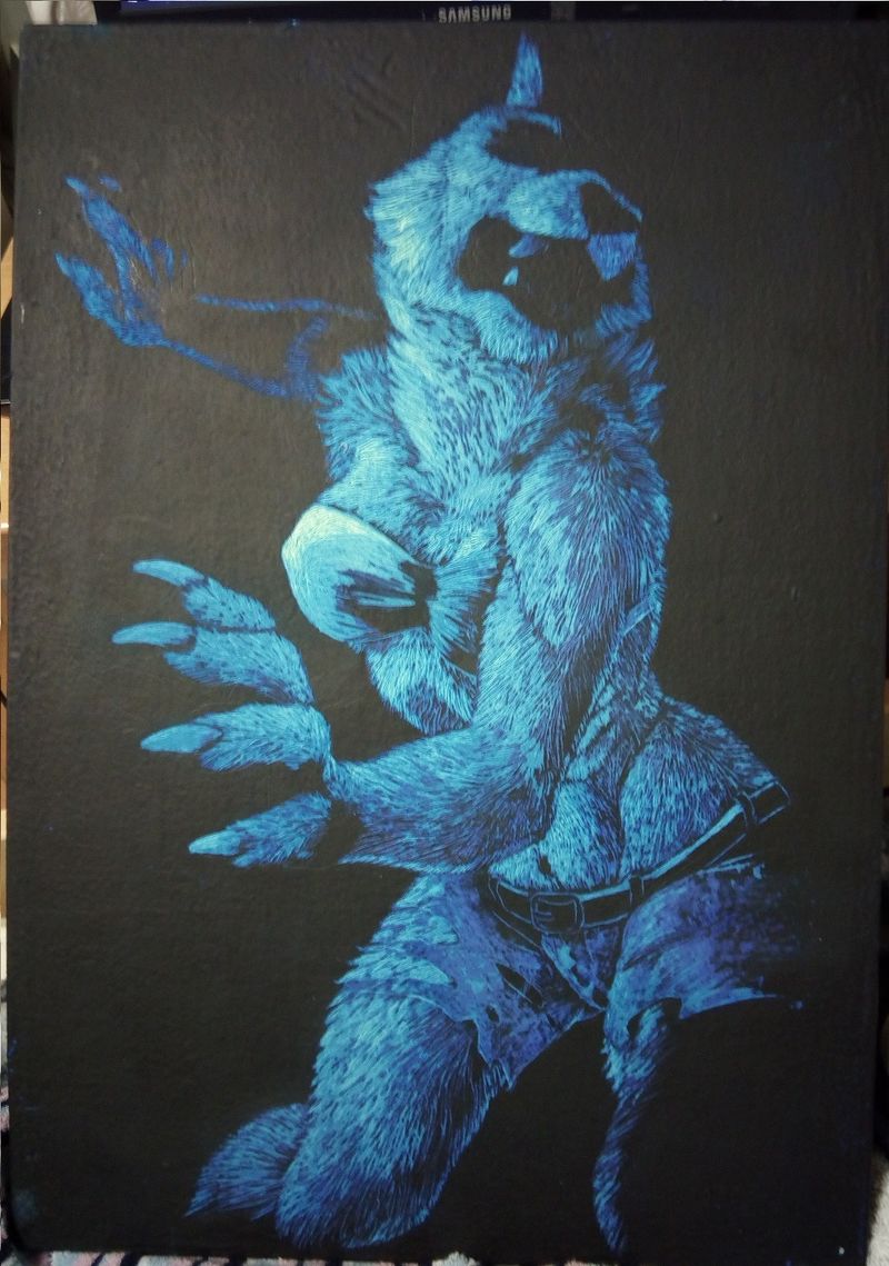  scratchboard commission artwork wolf anthropomorphic furry blue female Blue beauty shows hints of fire