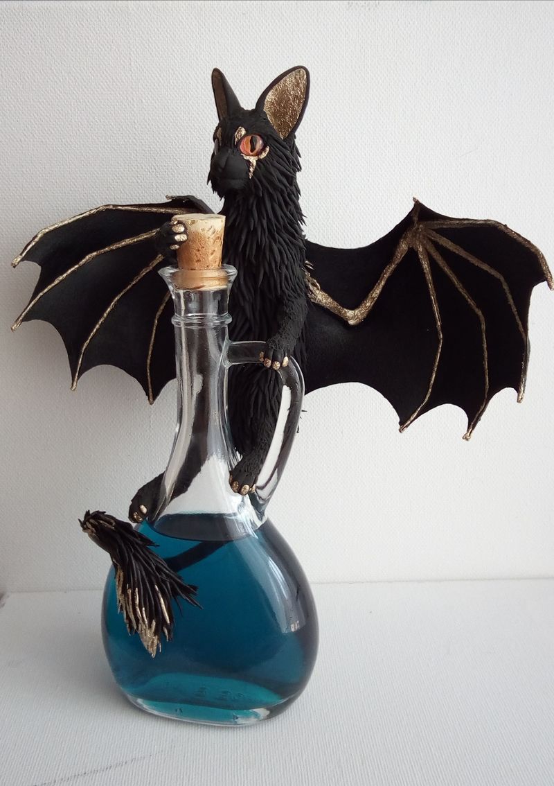  sculpture commission artwork bat cat batkitty kitty potion bottle elixir winged  She's done