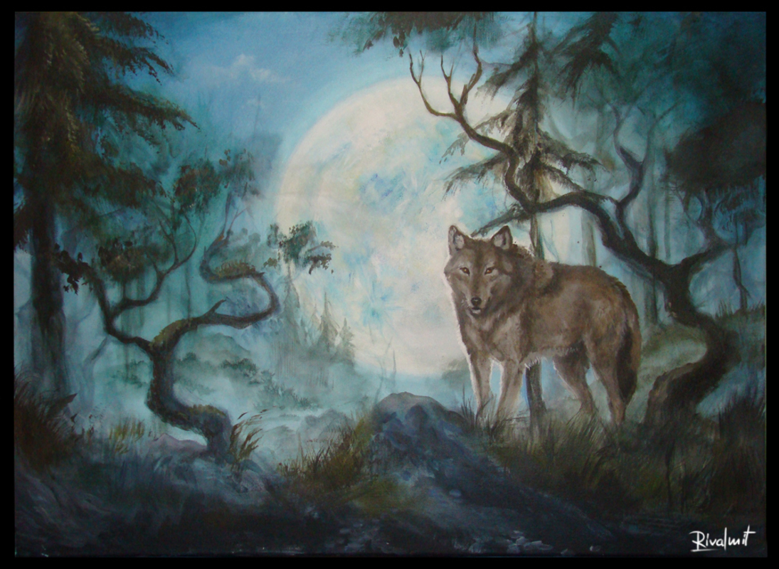 wolf canid moon forest canvas acrylic painting Wolf