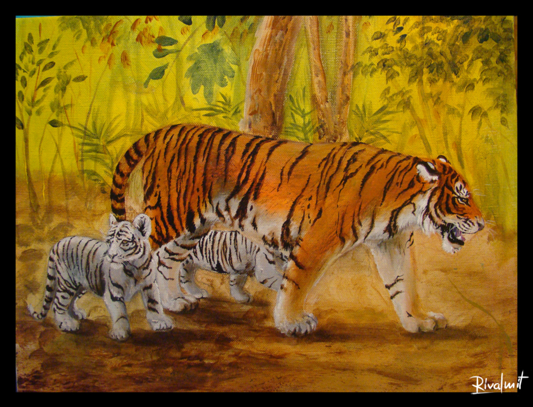 white tiger cubs mother jungle painting canvas acrylic Tigers family