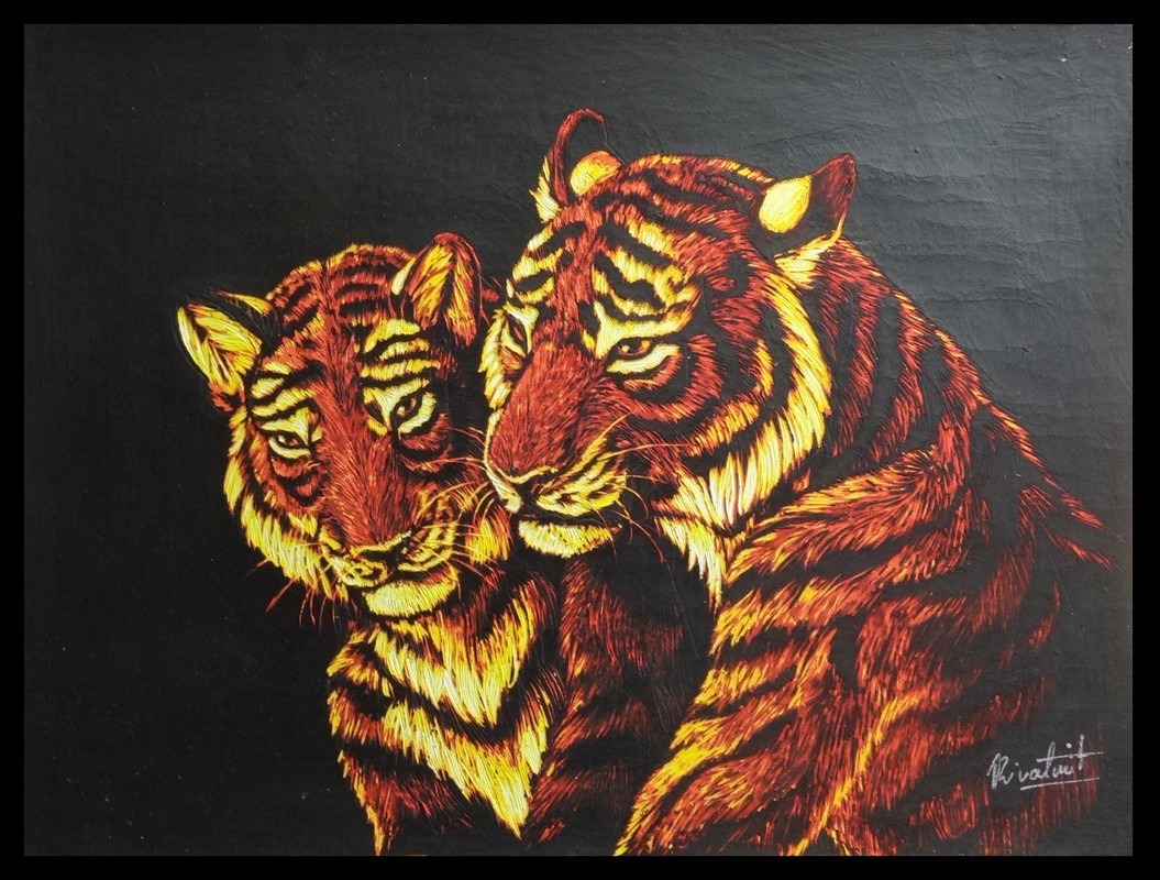 painting tiger scratchboard anthropomorphic  Tigers together